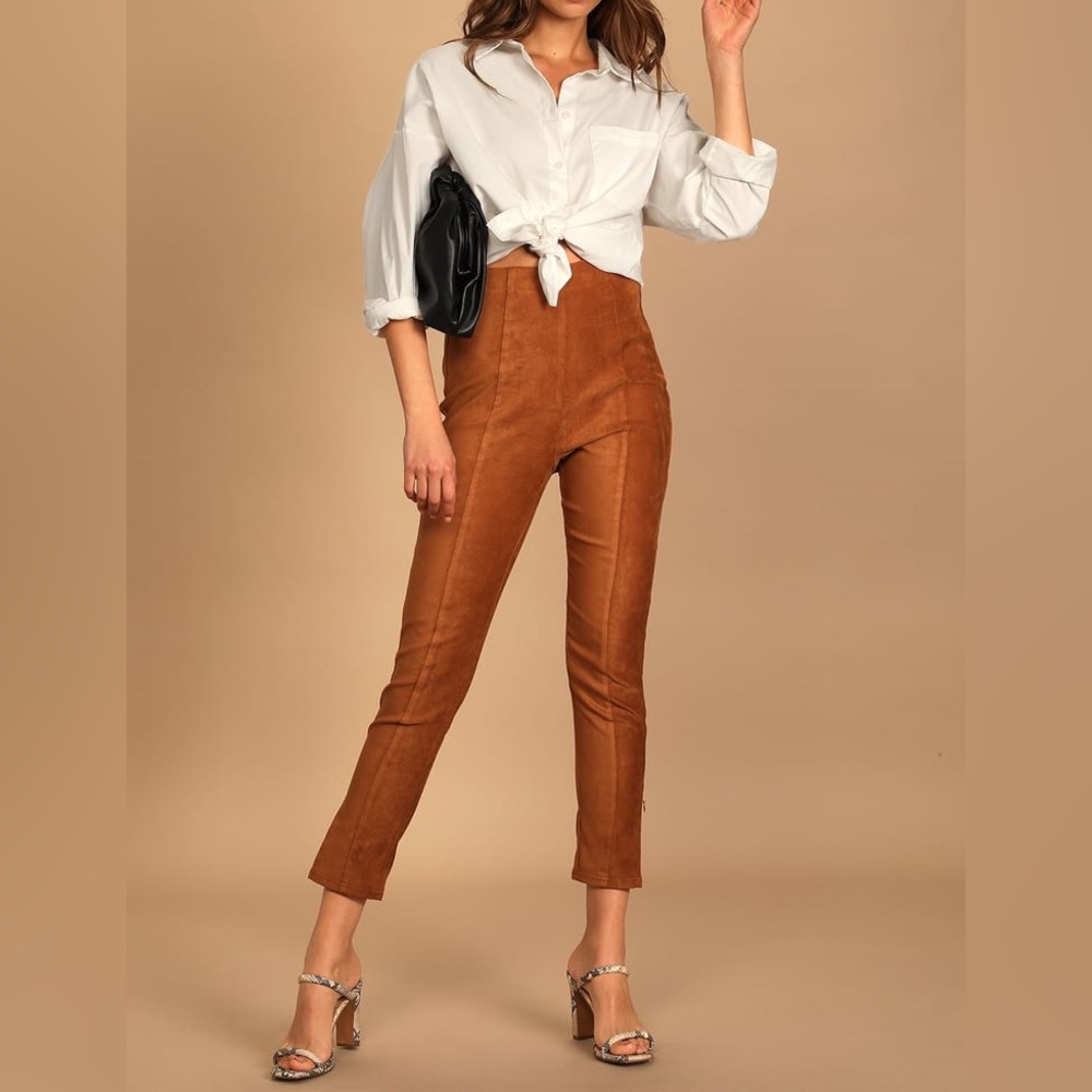 Lulu’s Dear Friends Camel Vegan Suede High Waisted Pants